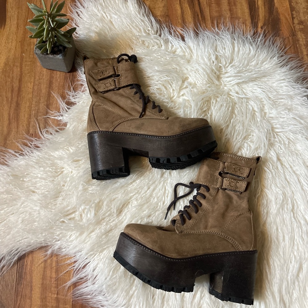 Free People Tan Chunky Lace Up Platform Booties